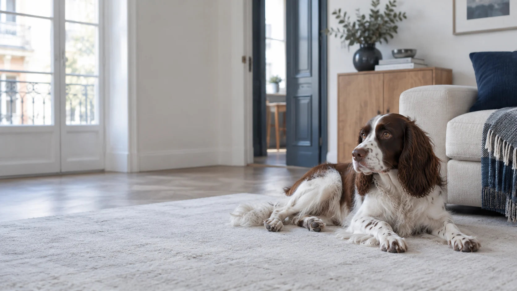 Ein Hund entspannt im hellen Wohnzimmer mit blauen Akzenten