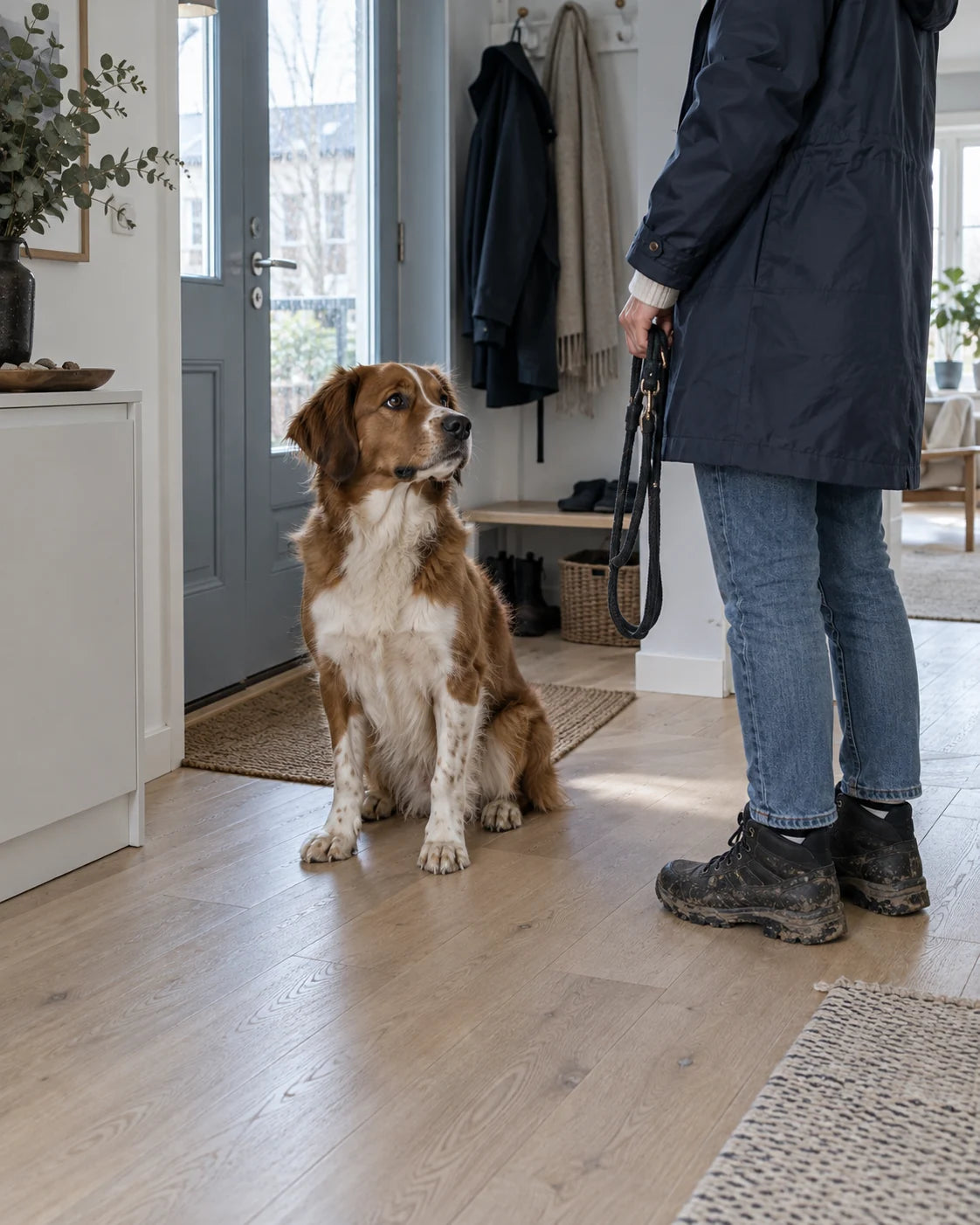 Hund und Begleitung nach einem Spaziergang im hellen Eingangsbereich