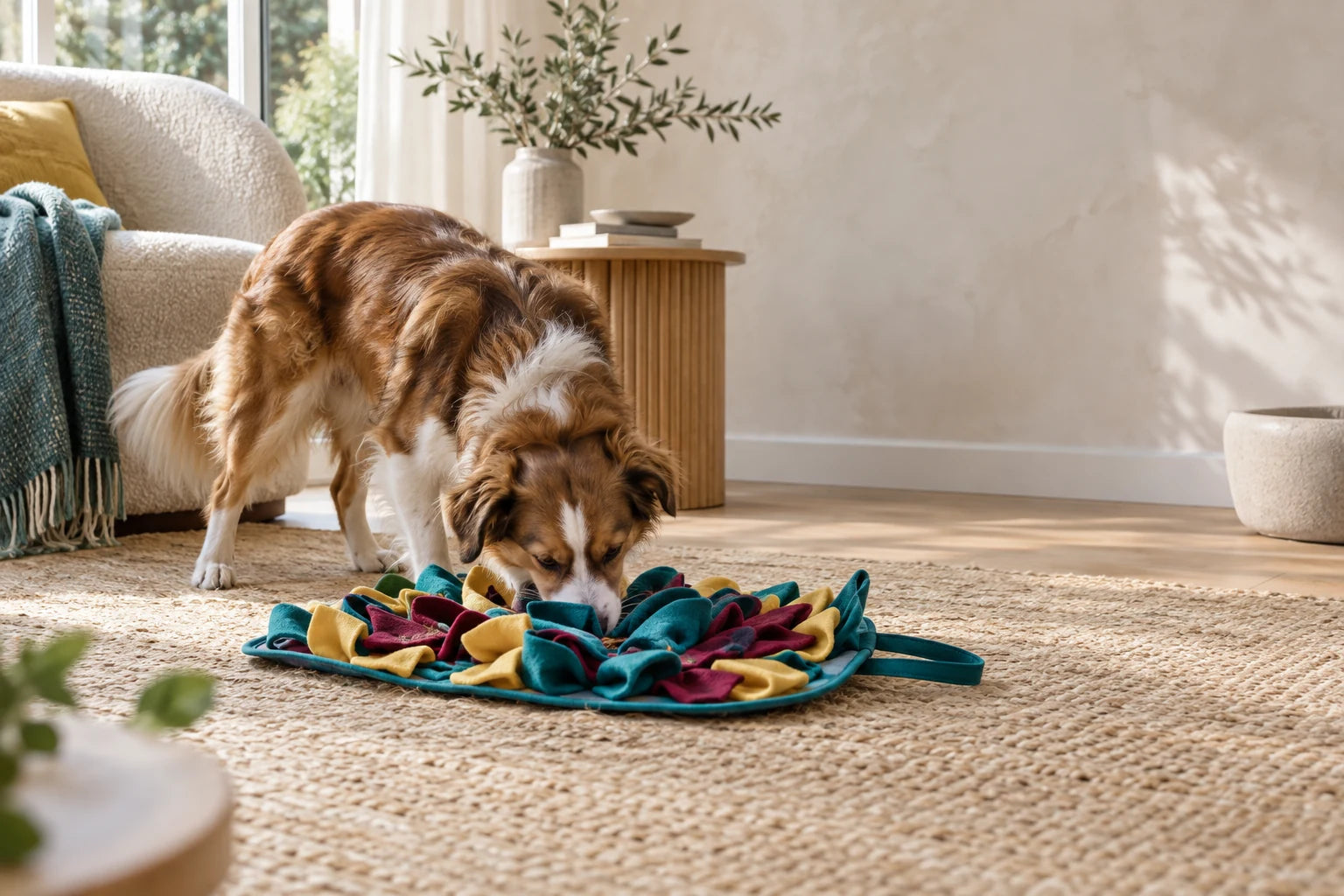 Ein Hund erkundet einen Schnüffelteppich im Wohnzimmer